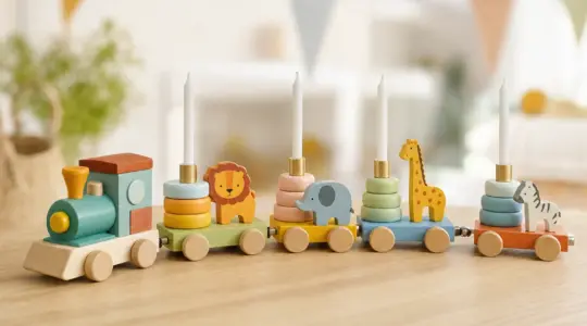 Ein bunter Geburtstagszug aus Holz mit kleinen Waggons, niedlichen Tierfiguren und Kerzenhaltern für Geburtstagskerzen auf einem hellen Holztisch