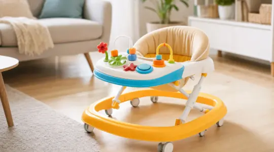 Eine bunte Baby-Lauflernhilfe aus Kunststoff mit gepolstertem Sitz und einem Spielpanel in einem hellen, freundlichen Wohnzimmer
