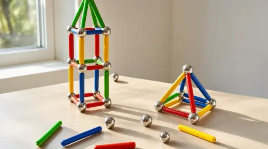 Bunte Magnetstäbe und silberne Kugeln sind zu einem geometrischen Bauwerk zusammengesteckt und liegen teils einzeln daneben auf einem Tisch