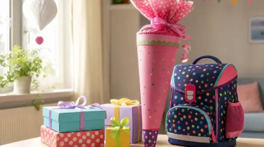 Eine bunte Schultüte und kleine Geschenke für den Schulanfang liegen festlich auf einem hellen Tisch