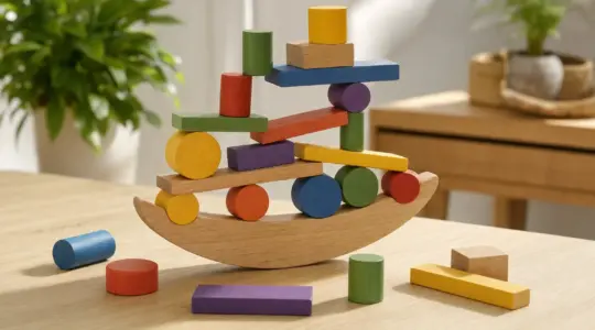 Ein hölzernes Geschicklichkeitsspiel mit bunten Holzteilen zum Balancieren und Stapeln