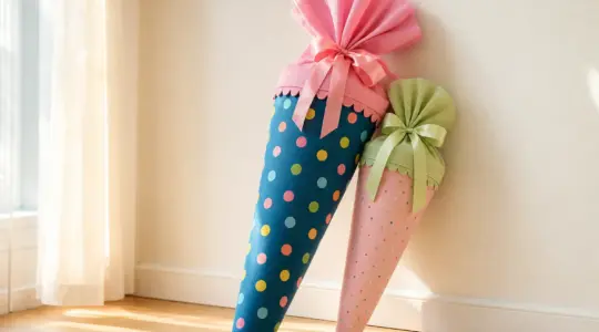 Zwei bunte Schultüten, eine große und eine kleine, mit Schleifen an einer Wand