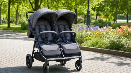 Ein Geschwisterwagen für zwei Kinder steht auf einem Gehweg in einem Park