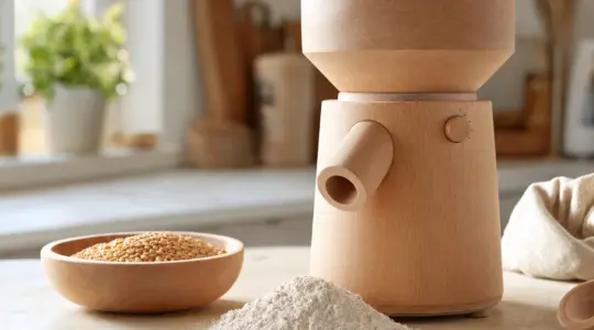 Eine Getreidemühle aus Holz steht auf einer hellen Küchenarbeitsplatte, daneben frisch gemahlenes Mehl und Getreidekörner