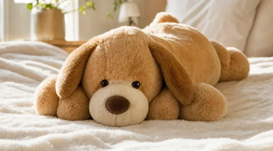 Ein weiches kuscheliges Plüschtier in Hundeform mit etwas Gewicht auf einer Decke
