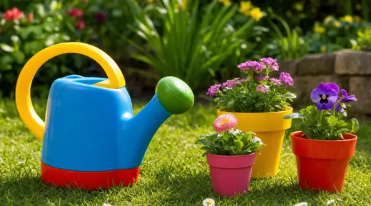 Eine bunte kindgerechte Gießkanne aus Kunststoff auf einer Wiese im Garten