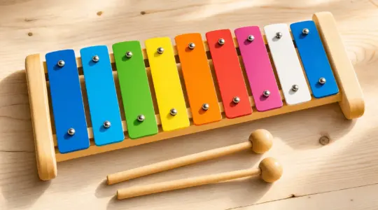 Ein buntes Glockenspiel aus Metall mit bunten Klangplatten und zwei Holzschlägeln