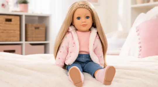 Eine Spielpuppe mit freundlichem Gesicht, Haaren zum Frisieren und einem niedlichen Outfit sitzt aufrecht auf einer hellen Decke
