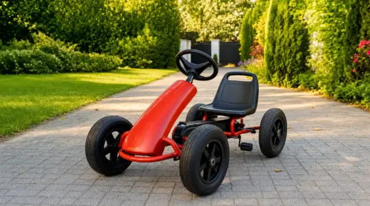 Ein sportliches rotes Tret-Gokart mit niedrigem Sitz und großen Rädern steht auf einer sonnigen Einfahrt im Garten