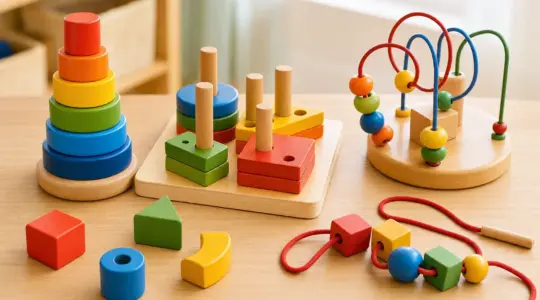Buntes Holzspielzeug für Kinder mit Steck- und Stapelelementen steht ordentlich auf einem hellen Holztisch