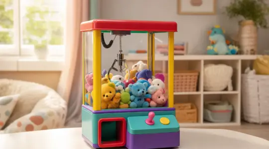 Ein bunter Mini-Greifautomat mit kleinen Plüschtieren steht auf einem Tisch