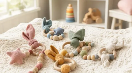 Mehrere bunte Greiflinge aus Holz und Stoff mit Holzringen und Perlen auf einer hellen Strickdecke im Kinderzimmer