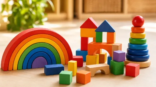 Buntes Holzspielzeug in Regenbogenfarben mit Stapel-Regenbogen und Bausteinen auf Holzfläche