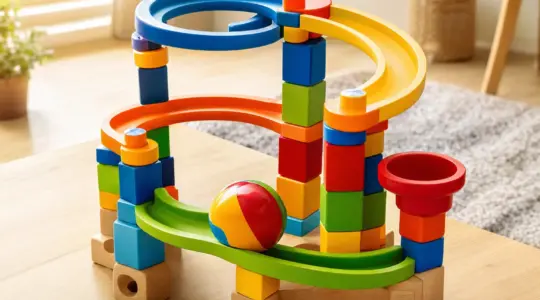 Eine bunte Kugelbahn aus dicken Holz- und Kunststoffteilen mit Kurven und einer großen Kugel steht auf einem Tisch