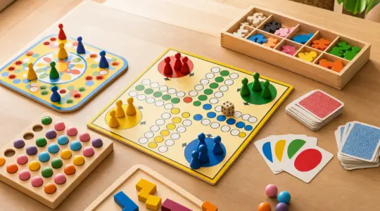 Bunte Kinderspiele mit Spielbrett, Holzfiguren und Karten liegen ordentlich auf einem hellen Tisch bereit
