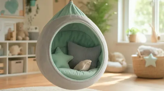 Eine gemütliche runde Hängehöhle aus Stoff mit weichen Kissen hängt in einem hellen Kinderzimmer von der Decke und lädt zum Hineinkuscheln ein