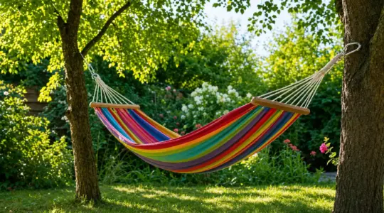 Eine bunte Stoff-Hängematte für Kinder zwischen zwei Bäumen in einem Garten