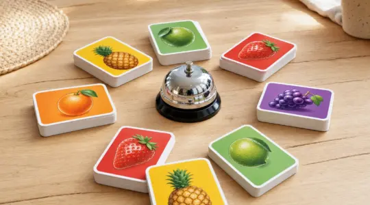Ein Reaktionsspiel mit einer silbernen Tischglocke und bunten Spielkarten liegt bereit auf einem hellen Tisch