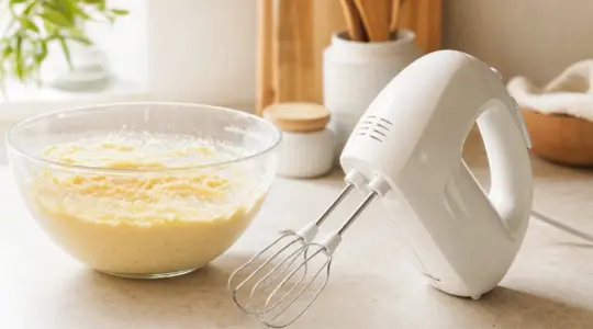 Ein Handmixer mit Rührbesen liegt auf einer hellen Küchenarbeitsplatte neben einer Schüssel mit Teig
