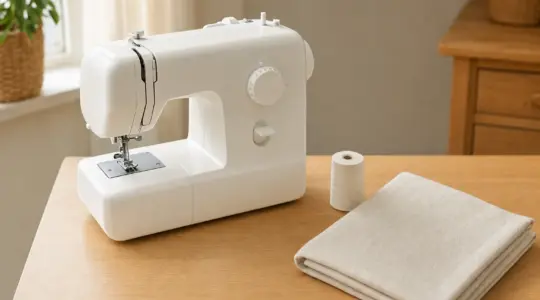 Eine kompakte Handnähmaschine liegt auf einem Tisch, daneben Garn und ein Stück Stoff