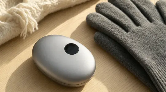Ein elektrischer Handwärmer liegt auf einem Tisch neben Winterhandschuhen