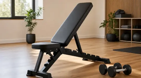 Eine verstellbare Hantelbank steht in einem hellen Trainingsraum, daneben liegen Hanteln auf dem Boden