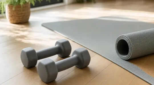 Ein Paar Hanteln liegt auf einem Holzboden in einem hellen Trainingsraum, daneben eine Trainingsmatte
