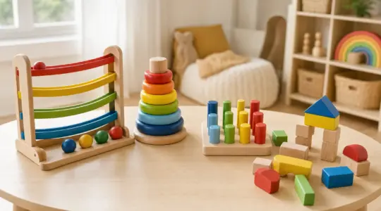 Buntes Holzspielzeug aus Holz liegt ordentlich auf einem hellen Holztisch bereit zum Spielen