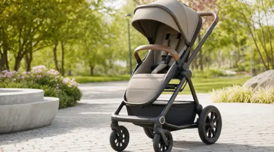 Ein hochwertiger Kinderwagen mit großen Rädern und gefederter Bauweise steht auf einem hellen Weg im Freien