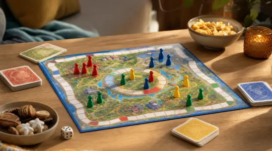 Ein aufgebautes Gesellschaftsspiel mit Spielbrett und bunten Figuren liegt auf einem hellen Tisch bereit