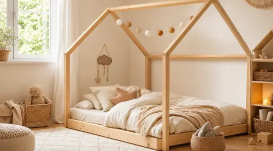 Ein niedriges Hausbett aus hellem Holz mit Dachrahmen im Kinderzimmer