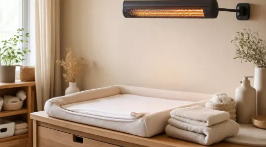 Ein Wärmestrahler hängt über einem gemütlich eingerichteten Wickelplatz in einem hellen Babyzimmer
