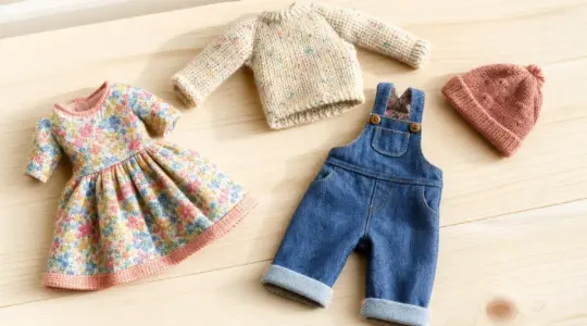 Mehrere kleine Puppenkleidungsstücke aus Stoff mit Kleid, Latzhose und Pullover auf Holzfläche