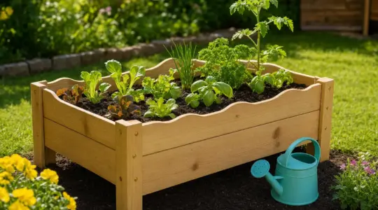 Ein kleines Hochbeet aus Holz mit jungen Gemüsepflanzen im Garten