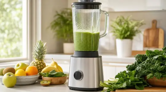 Ein Hochleistungsmixer steht auf einer hellen Küchenarbeitsplatte, im Behälter ein grüner Smoothie, daneben frisches Obst und Gemüse