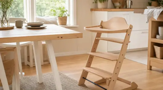 Ein mitwachsender Holz-Hochstuhl steht an einem hellen Esstisch, bereit für ein Kleinkind