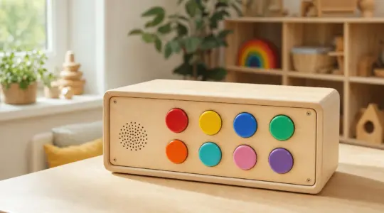 Eine robuste Musikbox aus Holz mit bunten Tasten steht auf einem hellen Tisch in einem freundlichen Kinderzimmer