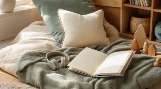 Eine gemütliche Leseecke mit Kopfhörern und einem Buch lädt zum Zuhören von Hörbüchern ein