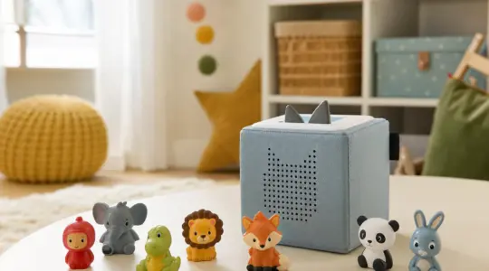 Mehrere kleine Hörfiguren stehen neben einer würfelförmigen Audiobox auf einer hellen Fläche bereit