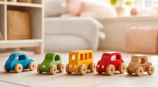 Mehrere kleine Spielzeugautos aus Naturholz mit bunten Details und Holzrädern auf einem hellen Holzboden im Kinderzimmer