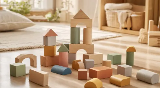 Bunte Holzbausteine in verschiedenen Formen aus Naturholz, teils gestapelt, auf einem hellen Holzboden im Kinderzimmer