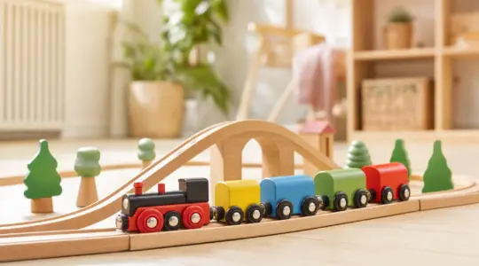 Bunte Holzeisenbahn mit Holzschienen, Lok und Waggons auf einem hellen Holzboden im Kinderzimmer