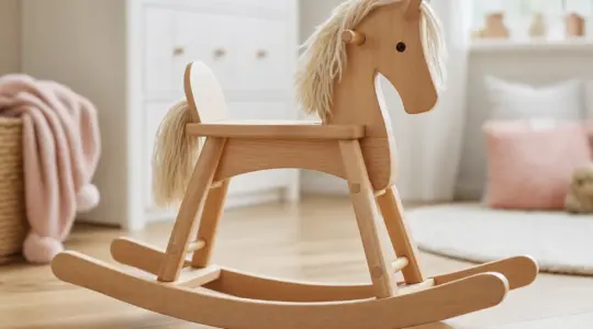 Ein klassisches Schaukelpferd aus hellem Holz mit weicher heller Mähne und sanft geschwungenen Kufen in einem hellen, freundlichen Kinderzimmer