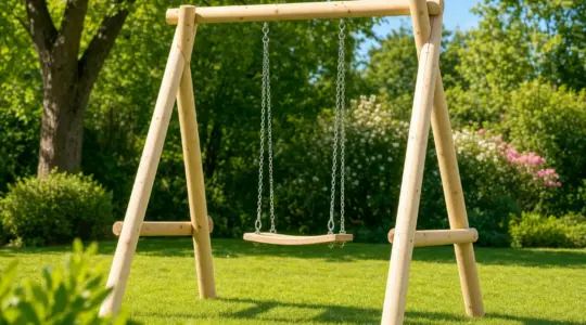 Eine stabile Holzschaukel mit Schaukelsitz steht einladend auf einer sonnigen Rasenfläche in einem grünen Garten