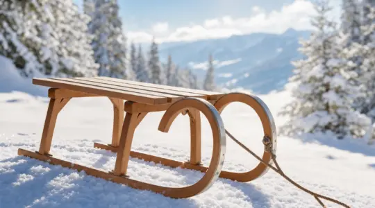 Ein klassischer, stabiler Holzschlitten steht im frischen Schnee vor einer verschneiten, sonnigen Winterlandschaft