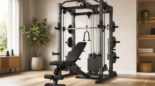 Eine kompakte Home-Gym-Kraftstation mit Gewichten in einem hellen Trainingsraum