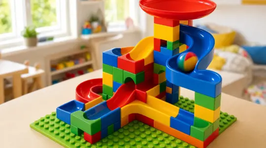 Eine bunte Kugelbahn aus klassischen Bausteinen mit Rampen und Kurven steht aufgebaut auf einem Tisch und eine bunte Kugel rollt hindurch