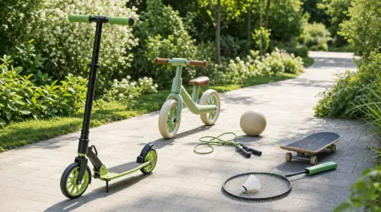 Ein Kinderroller und weitere Outdoor-Spielgeräte stehen auf einem gepflasterten Weg vor einem grünen Garten bereit