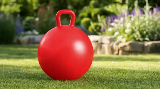 Bunter roter Kinder-Hüpfball aus robustem Gummi mit stabilem Haltegriff auf einer Rasenfläche im Garten