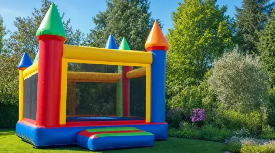Eine bunte aufblasbare Hüpfburg steht auf einer grünen Wiese im Garten